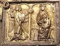 Upper left hand panel of the frontpiece, showing the Archangel Michael and Mary