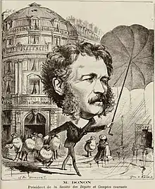 Caricature of Pierre-Armand Donon, pré sident de  la Société des dépôts et comptes courants (President of France's "Deposits and Current Accounts Corporation") by J B Humbert in the 23 October 1873 issue