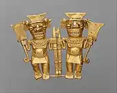 Pre-Columbian pendant with two bat-head warriors who carry spears; 11th–16th century; gold; overall: 76.2&nbsp;mm (3.00&nbsp;in); from the Chiriqui Province (Panama); Metropolitan Museum of Art