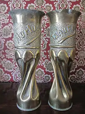 Pair of shell cases with the names of two French villages totally destroyed and not rebuilt later