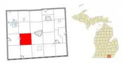 Location within Lenawee County (red) and an administered portion of the village of Clayton (pink)