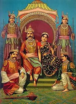 Illustration of Draupadi, a princess and queen in the ancient Indian epic "Mahabharata", with her five husbands