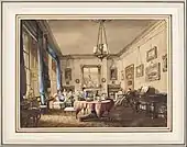 Drawing of a room; circa 1842; brush and watercolor and white gouache on white paper.