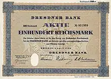 Stock certificate of Dresdner Bank for 100 Reichsmark, issued on 3 April 1928 in Dresden. The last share issue of Dresdner Bank before the merger with DANAT-Bank.