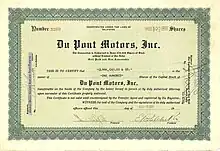 Stock certificate of Du Pont Motors, issued on August 9, 1928, signed in the original by Eleuthère Paul du Pont as President and by Francis Irénée du Pont as Treasurer