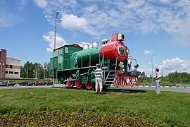 Russian locomotive class 9P number 9P512 outside the Bolshoi Volga railway station in Dubna