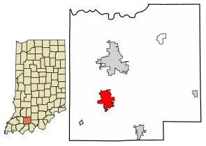Location of Huntingburg in Dubois County, Indiana.