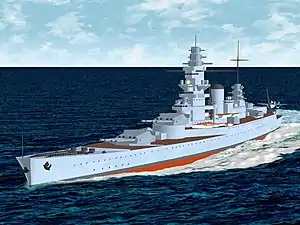 A 3D model of a Dunkerque-class battleship rendered with flat shading