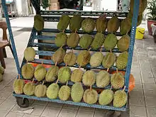 Image 115Durians in rack sold in Kuala Lumpur (from Malaysian cuisine)
