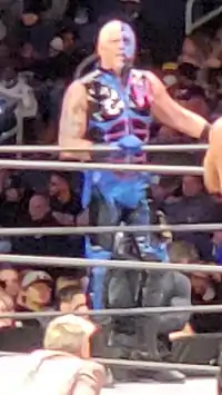 A color photograph of a man in a professional wrestling ring with a blue outfit and half of his face painted blue