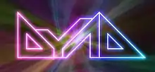 DYAD written in a tightly fit angular block style, the outline of the letters stylized as neon lights, changing from pink on the left to blue on the right.