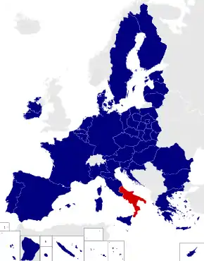 Map of the European Parliament constituencies with Southern Italy highlighted in red