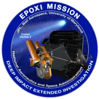 A circle with a blue border encloses an image of a spacecraft on approach to a comet. The words "EPOXI Mission" and "Deep Impact Extended Investigation" are written along the border of the image.