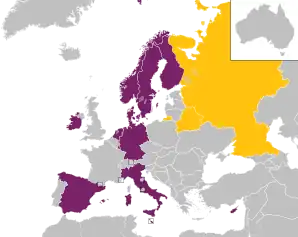 A coloured map of the countries of Europe