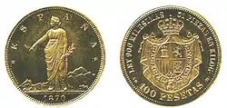 100 peseta gold coin with the allegory of Hispania standing.