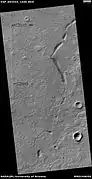 Possible dike and troughs, as seen by HiRISE under HiWish program The arrows point to the possible dike along the left edge of picture.  Straight features are rare in nature; they are often due to dikes and joints.