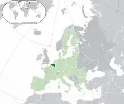 Location of Belgium (dark green)– in Europe (green & dark grey)– in the European Union (green)