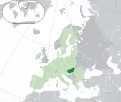 Location of&nbsp;Hungary&nbsp;(dark green)–&nbsp;in Europe&nbsp;(green &&nbsp;dark grey)–&nbsp;in the European Union&nbsp;(green)&nbsp; –&nbsp; [Legend]