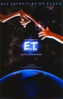 The poster shows the planet earth, a child's finger touching E.T's finger, with a light blinking on contact. The top headline reads "His Adventure On Earth”.