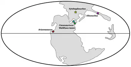 Paleogeography of the Early Triassic with archosaur fossil finds