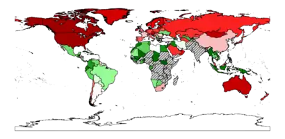 World map coloured according to the number of days each country takes to exhaust the resources it produces in the same year (green-high to red-low).