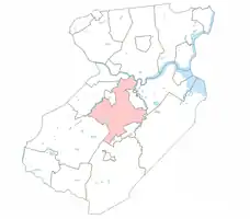 Location of East Brunswick in Middlesex County. Inset: Middlesex County in New Jersey.