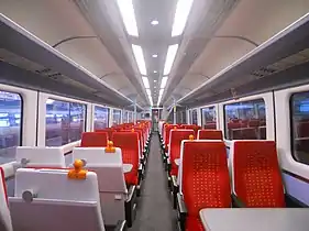 The interior of refurbished East Midlands Trains Mark 3 Standard Class with improved fluorescent lighting