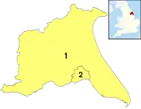 Outline map of the East Riding of Yorkshire with the borders of the City of Kingston upon Hull marked