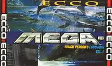 Various overlapped elements of a Mega Drive cartridge cover art.