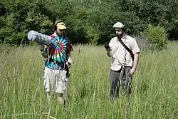 Two recordings being made—a blimp is being used on the left. An open-cell foam windscreen is being used on the right.