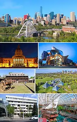 From top, left to right: Walterdale Bridge and Downtown Edmonton skyline, Legislature Building, Fort Edmonton Park, Art Gallery of Alberta, Muttart Conservatory, West Edmonton Mall