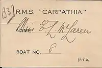 A lifeboat card from the Carpathia, used to identify a Titanic survivor's lifeboat