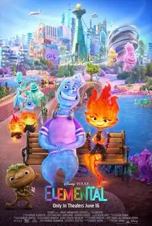 Fire element Ember Lumen and water element Wade Ripple are sitting on a bench at the park surrounded by other anthropomorphized elements. "Elemental" is written on the bottom, with the theatrical release date "Only In Theaters June 16" in the middle and the billing block credits and MPA rating on the bottom.