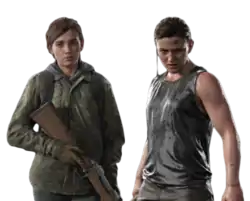 Gameplay screenshot of a young adult woman with brown hair. She has some snow on her and is wearing a hooded jacket and backpack and holding a rifle. Next to her is a woman in her early 20s with brown hair. She is wet and is wearing a grey sleeveless shirt.