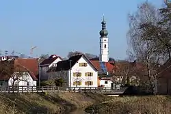 River Abens and the Church of the Immaculate Conception in Elsendorf