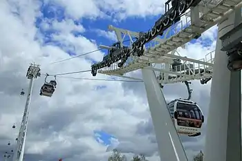 Image 46Gondolas of the Emirates Air Line cable car cross the River Thames from Greenwich Peninsula to Royal Docks.
