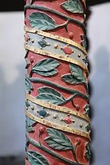 Detail of polychromed carving on Baldachin pillar