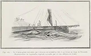 .mw-parser-output .citation{word-wrap:break-word}.mw-parser-output .citation:target{background-color:rgba(0,127,255,0.133)}#18 (30/11/1861)The French corvette Alecton attempts to capture a giant squid off Tenerife on 30 November 1861. Reproduction of the original watercolour by officers of the Alecton, from Bourée (1912:115, fig. 108).