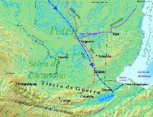 Northern Guatemala is a flat lowland plain dropping off from the Cuchumatanes mountain range sweeping across in an arc to the south. To the east of the mountains is the large lowland Lake Izabal, with an outlet into the Amatique Bay to the east, which itself opens onto the Gulf of Honduras. Immediately north of the mountains is the Lacandon forest, with Petén to the northeast. Ystapalapán was a settlement in the western Cuchumatanes. Cobán was in the foothills half way between Ystapalapán in the west and Lake Izabal in the east. Xocolo was at the northeastern extreme of Lake Izabal, where it flows out towards the sea. Nito, also known as Amatique, was on the coast where the river flowing out of the lake opened into the Amatique Bay. Lake Petén Itzá was in the centre of Petén, to the north. It was the location of Nojpetén. Tipu was situated to the east of Nojpetén, just to the east of the modern border with Belize. The "Tierra de Guerra" ("Land of War") covers a broad northern swathe of the mountains and the southern portion of the lowlands. The 1525 entry route crossed from the north, to the northwest of Lake Petén Itzá, passing the western tip of Nojpetén and close to the city. It then continued southeast to Xocolo, where it turned northeast to Nito, where it ended on the Caribbean coast. The 1618–1619 route entered from northeastern Belize and crossed southwest to Tipu, then headed westward to Nojpetén. A 1695 route left Cahabón and headed northeast before turning north to Mopán. From Mopán it curved northwest to Nojpetén. The 1695–1696 route entered from the north extreme and meandered southwards to Nojpetén.