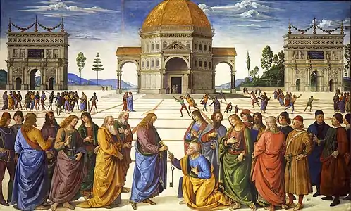 Rectangular fresco. The scene is like Raphael's Marriage of the Virgin, above, which is based on it. There is a similar townscape and circular building in perspective, with an ancient Roman triumphal arch to either side. In the foreground, Jesus gives the keys of Heaven to St Peter, who is kneeling. To the right and left stand the other disciples and some onlookers, who are distinguished by Renaissance clothing. There are many more small figures in the square behind them.