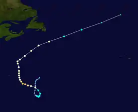 Map plotting the track and intensity of Hurricane Epsilon at 6-hour intervals, according to the Saffir–Simpson scale; the cyclone initially made a counterclockwise loop, before tracking westward, then northward and passing east of Bermuda, before accelerating northeastward. Refer to the adjacent text for further details on the storm track and intensity.