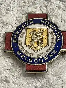 General Nursing Badge awarded to graduates of the Epworth Hospital General Nursing School (1924-1988).  This particular design features a Wyvern and the motto Non ministrari sed ministrare (not to be served but to serve).  The design was adopted for use by nursing training schools established by the Methodist Church in Adelaide (Memorial Hospital) and Sydney (Waverly War Memorial Hospital)..