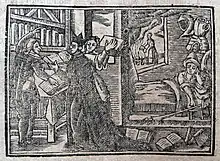 Three men look at books. A man lies in in bed under a hanging suit of armor. A woman burns books in the yard.