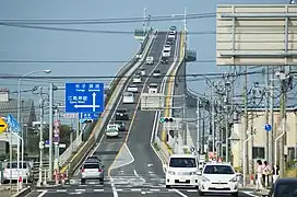 Left-hand traffic on the Eshima Ohashi Bridge in Japan