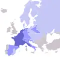 France in 1810 under Napoléon. All shades of blue = states operating a blockade against the UK .mw-parser-output .legend{page-break-inside:avoid;break-inside:avoid-column}.mw-parser-output .legend-color{display:inline-block;min-width:1.25em;height:1.25em;line-height:1.25;margin:1px 0;text-align:center;border:1px solid black;background-color:transparent;color:black}.mw-parser-output .legend-text{}&nbsp;&nbsp;France
