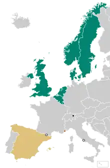 Image 16Contemporary European monarchies by type of succession .mw-parser-output .legend{page-break-inside:avoid;break-inside:avoid-column}.mw-parser-output .legend-color{display:inline-block;min-width:1.25em;height:1.25em;line-height:1.25;margin:1px 0;text-align:center;border:1px solid black;background-color:transparent;color:black}.mw-parser-output .legend-text{} Absolute primogeniture.mw-parser-output .legend{page-break-inside:avoid;break-inside:avoid-column}.mw-parser-output .legend-color{display:inline-block;min-width:1.25em;height:1.25em;line-height:1.25;margin:1px 0;text-align:center;border:1px solid black;background-color:transparent;color:black}.mw-parser-output .legend-text{} Male-preference cognatic primogeniture.mw-parser-output .legend{page-break-inside:avoid;break-inside:avoid-column}.mw-parser-output .legend-color{display:inline-block;min-width:1.25em;height:1.25em;line-height:1.25;margin:1px 0;text-align:center;border:1px solid black;background-color:transparent;color:black}.mw-parser-output .legend-text{} Agnatic primogeniture.mw-parser-output .legend{page-break-inside:avoid;break-inside:avoid-column}.mw-parser-output .legend-color{display:inline-block;min-width:1.25em;height:1.25em;line-height:1.25;margin:1px 0;text-align:center;border:1px solid black;background-color:transparent;color:black}.mw-parser-output .legend-text{} Elective/appointed (from Monarch)