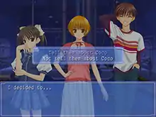 A screenshot depicting a scene with three characters in a dark room from a first-person perspective. A box is displayed at the bottom of the screen, showing the point-of-view character's internal monologue, and a second box shows dialogue options for the player to pick from.