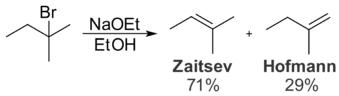 Treating 2-bromo-2-methylbutane with a small base, such as sodium ethoxide, gives the Zaitsev product.