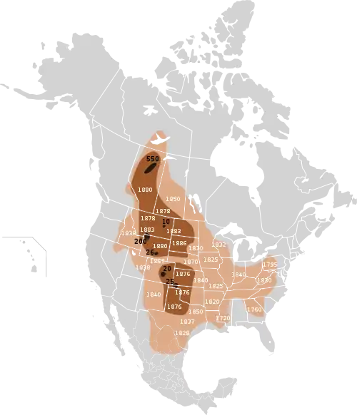Map of the extermination of the bison to 1889. This map based on William Temple Hornaday's late-19th century research..mw-parser-output .legend{page-break-inside:avoid;break-inside:avoid-column}.mw-parser-output .legend-color{display:inline-block;min-width:1.25em;height:1.25em;line-height:1.25;margin:1px 0;text-align:center;border:1px solid black;background-color:transparent;color:black}.mw-parser-output .legend-text{}&nbsp;&nbsp;Original range.mw-parser-output .legend{page-break-inside:avoid;break-inside:avoid-column}.mw-parser-output .legend-color{display:inline-block;min-width:1.25em;height:1.25em;line-height:1.25;margin:1px 0;text-align:center;border:1px solid black;background-color:transparent;color:black}.mw-parser-output .legend-text{}&nbsp;&nbsp;Range as of 1870.mw-parser-output .legend{page-break-inside:avoid;break-inside:avoid-column}.mw-parser-output .legend-color{display:inline-block;min-width:1.25em;height:1.25em;line-height:1.25;margin:1px 0;text-align:center;border:1px solid black;background-color:transparent;color:black}.mw-parser-output .legend-text{}&nbsp;&nbsp;Range as of 1889