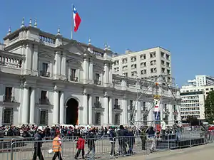 Fénix-2 capsule on display in front of La Moneda presidential palace in Santiago